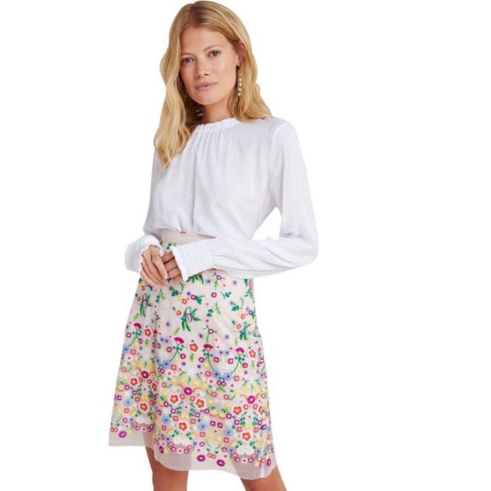 Anthropologie Floral A-Line Skirt in White with Multicolor Flower Print
